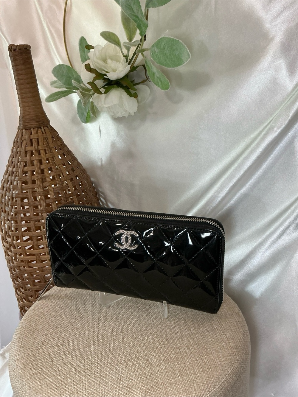 CHANEL Black Quilted Patent Leather Zip-Around Wallet with Silver CC and COA